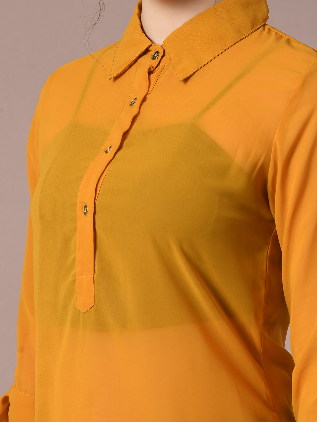 Women's  Yellow Solid Georgette Longline Party Sheer Tunic