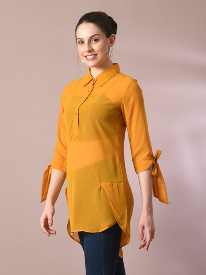 Women's  Yellow Solid Georgette Longline Party Sheer Tunic