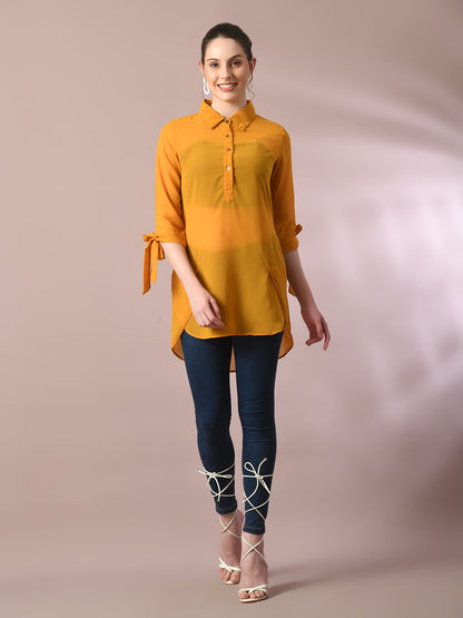 Women's  Yellow Solid Georgette Longline Party Sheer Tunic