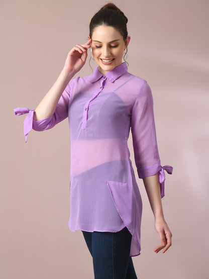 Women's  Lavender Solid Georgette Longline Party Sheer Tunic
