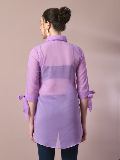 Women's  Lavender Solid Georgette Longline Party Sheer Tunic