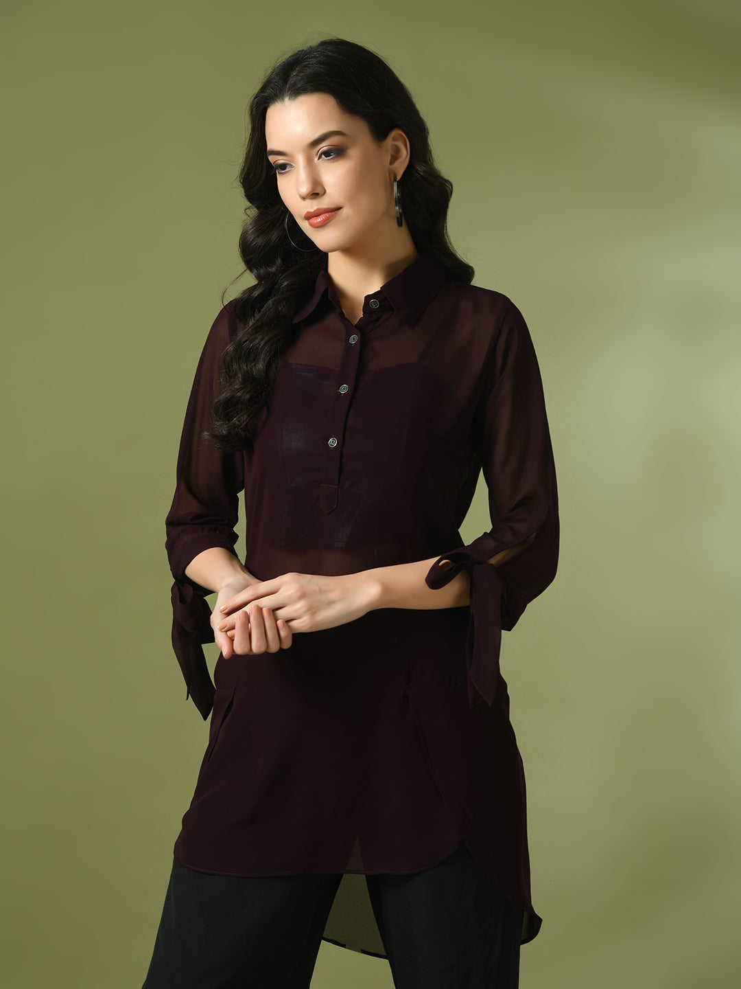 Women's  Coffee Brown Solid Georgette Longline Party Sheer Tunic