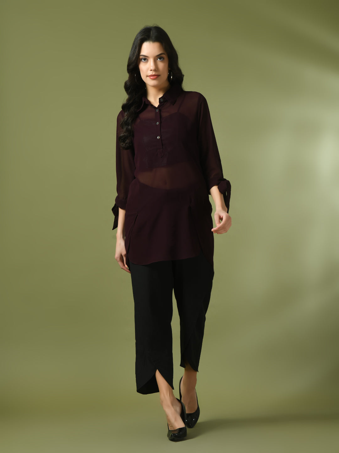 Women's  Coffee Brown Solid Georgette Longline Party Sheer Tunic