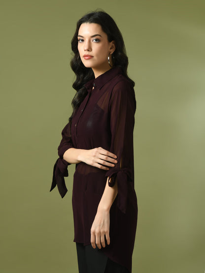 Women's  Coffee Brown Solid Georgette Longline Party Sheer Tunic