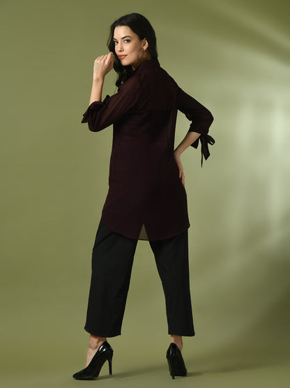 Women's  Coffee Brown Solid Georgette Longline Party Sheer Tunic
