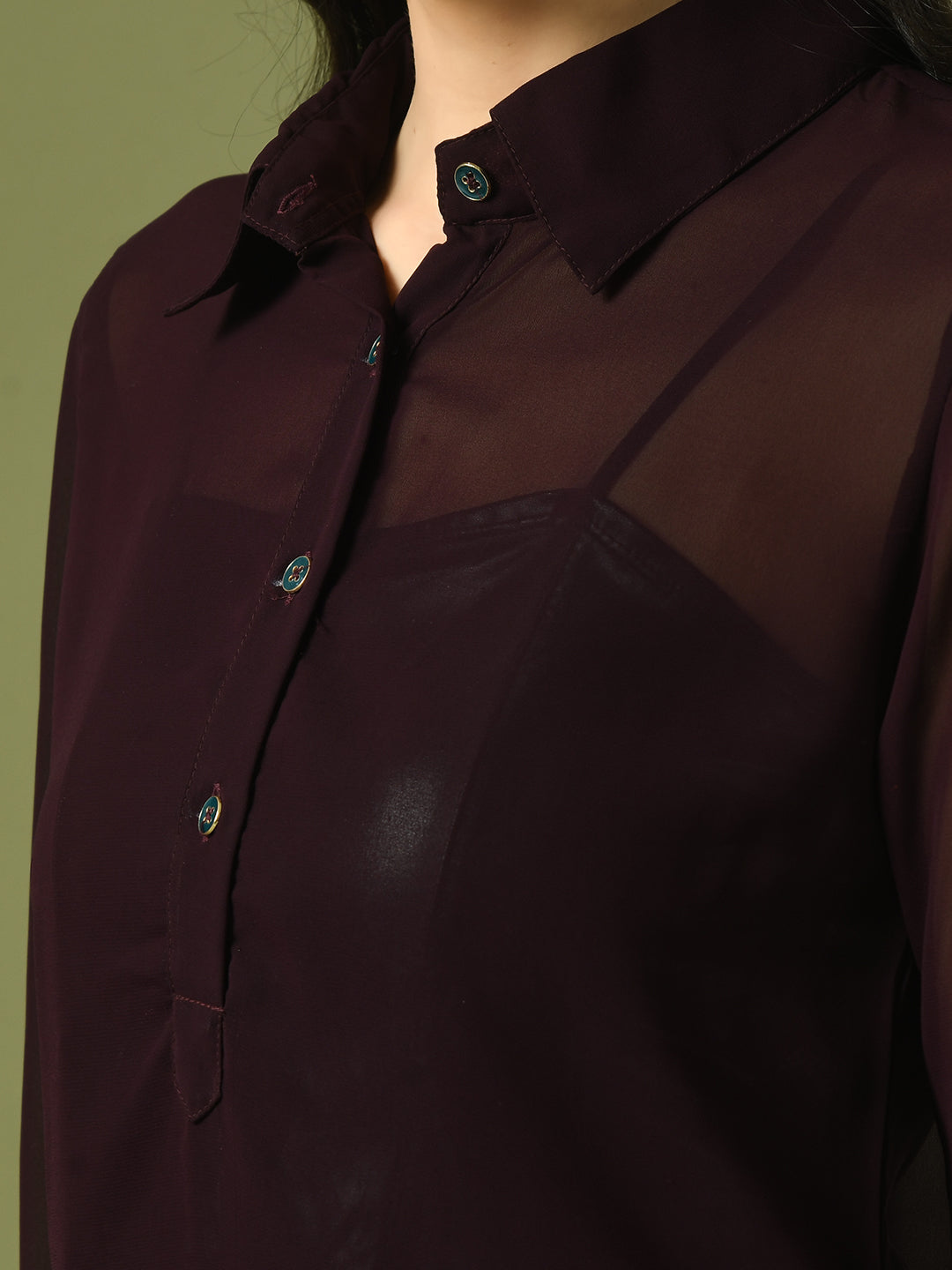 Women's  Coffee Brown Solid Georgette Longline Party Sheer Tunic