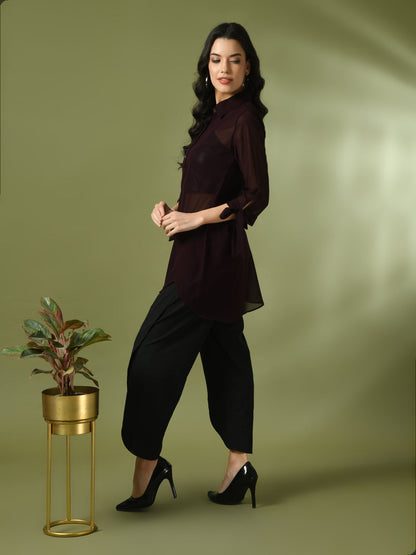 Women's  Coffee Brown Solid Georgette Longline Party Sheer Tunic
