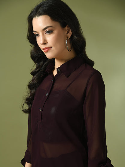 Women's  Coffee Brown Solid Georgette Longline Party Sheer Tunic