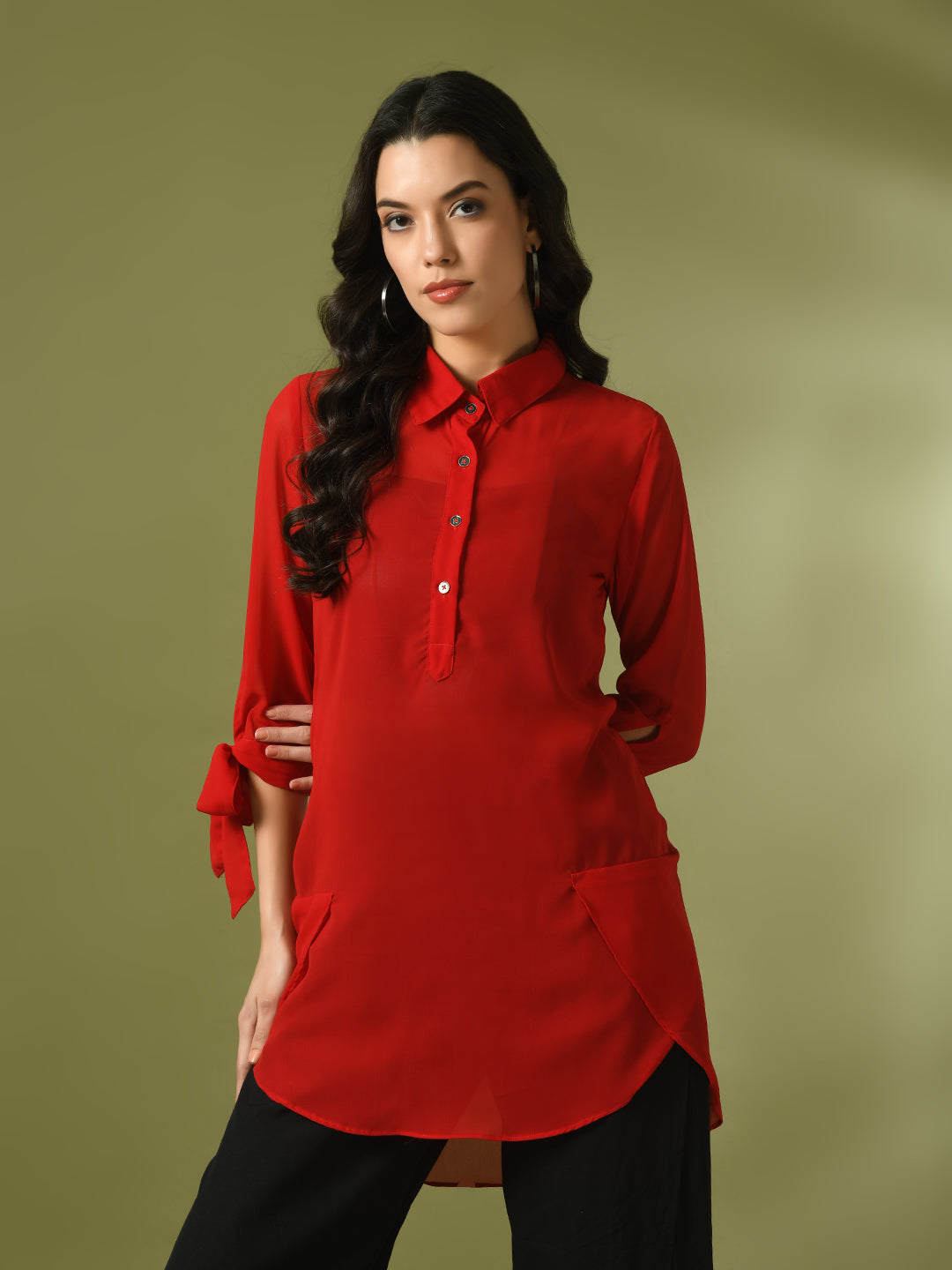 Women's  Red Solid Georgette Longline Party Sheer Tunic