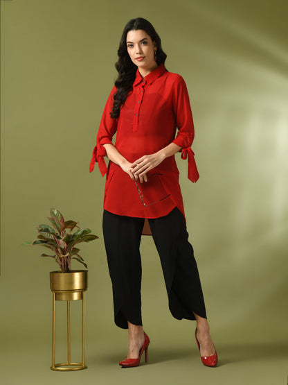 Women's  Red Solid Georgette Longline Party Sheer Tunic