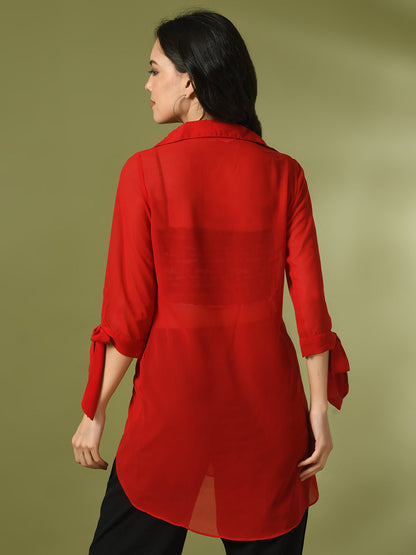 Women's  Red Solid Georgette Longline Party Sheer Tunic
