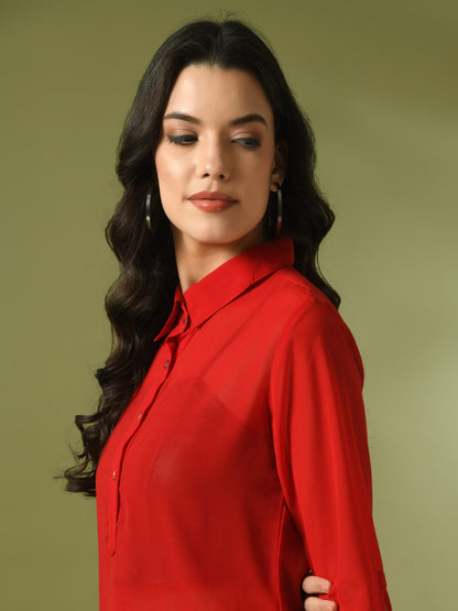 Women's  Red Solid Georgette Longline Party Sheer Tunic