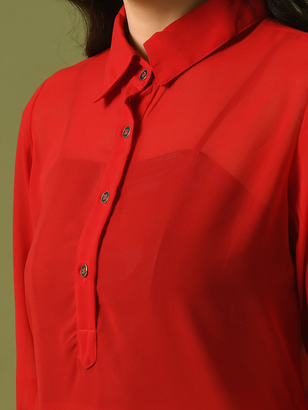 Women's  Red Solid Georgette Longline Party Sheer Tunic