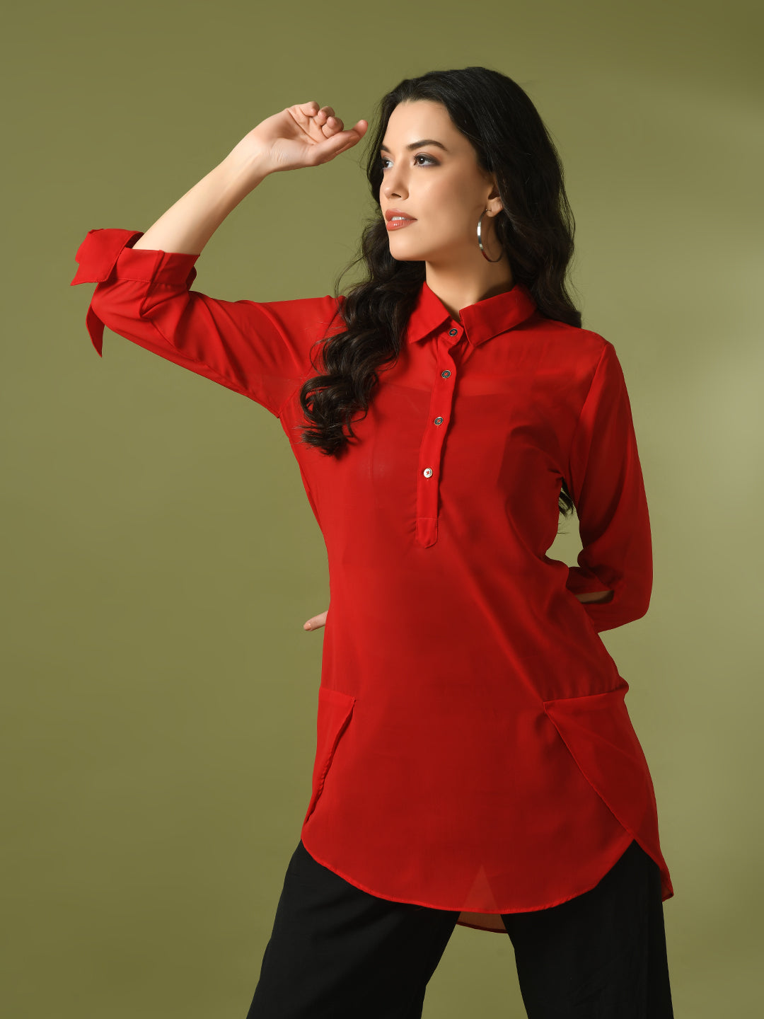 Women's  Red Solid Georgette Longline Party Sheer Tunic