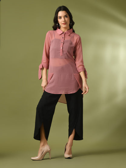 Women's  Pink Solid Georgette Longline Party Sheer Tunic