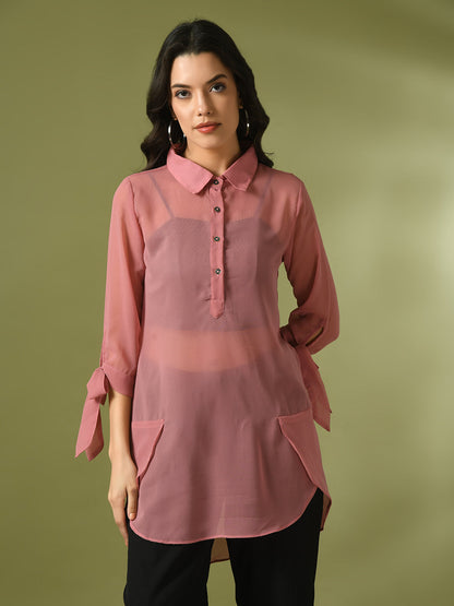 Women's  Pink Solid Georgette Longline Party Sheer Tunic