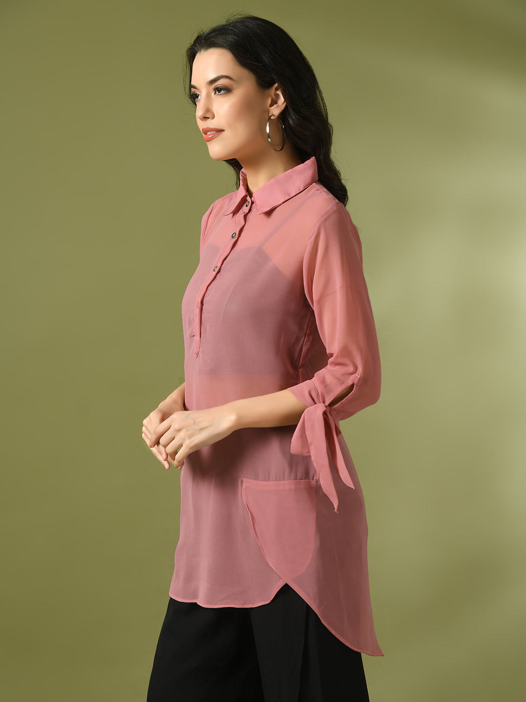 Women's  Pink Solid Georgette Longline Party Sheer Tunic