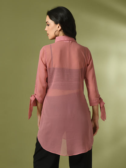 Women's  Pink Solid Georgette Longline Party Sheer Tunic