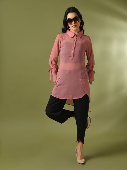 Women's  Pink Solid Georgette Longline Party Sheer Tunic