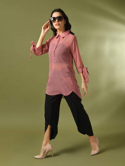 Women's  Pink Solid Georgette Longline Party Sheer Tunic
