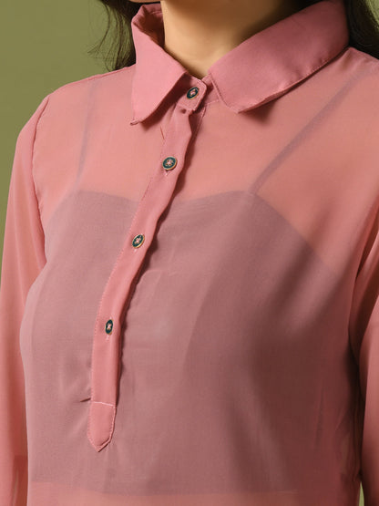 Women's  Pink Solid Georgette Longline Party Sheer Tunic