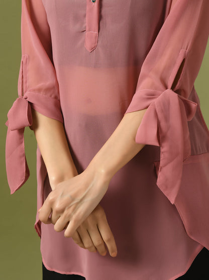 Women's  Pink Solid Georgette Longline Party Sheer Tunic