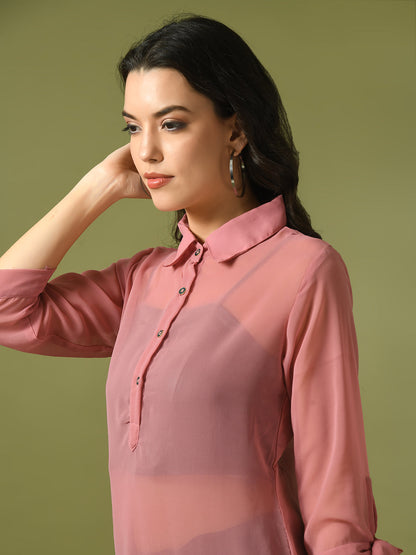 Women's  Pink Solid Georgette Longline Party Sheer Tunic