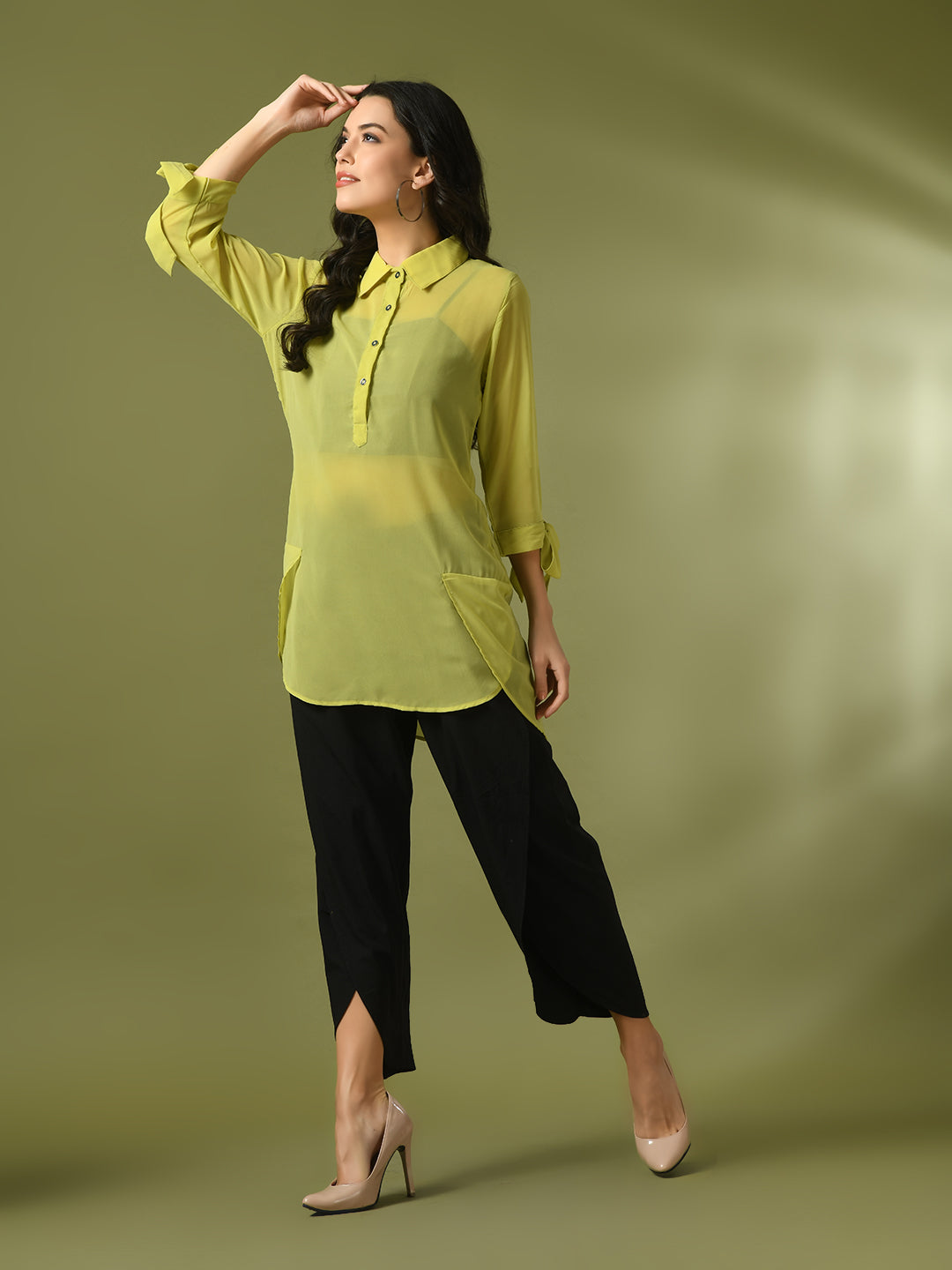 Women's  Yellow Solid Georgette Longline Party Sheer Tunic