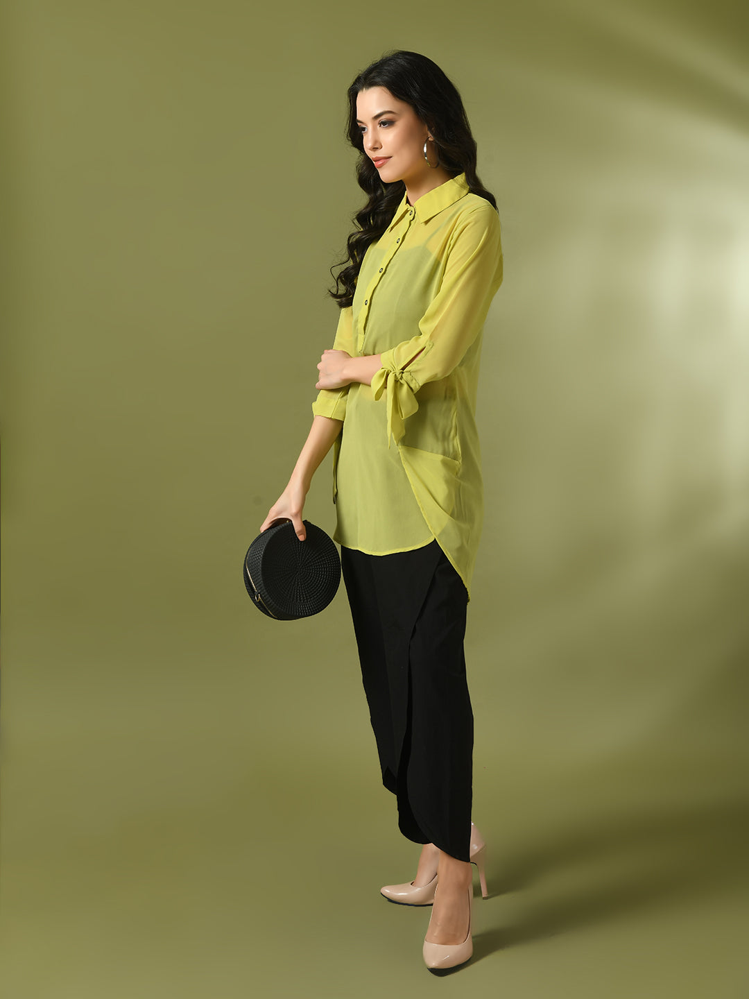 Women's  Yellow Solid Georgette Longline Party Sheer Tunic