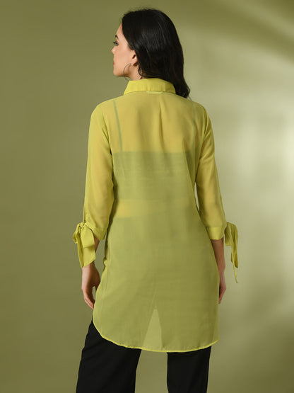 Women's  Yellow Solid Georgette Longline Party Sheer Tunic