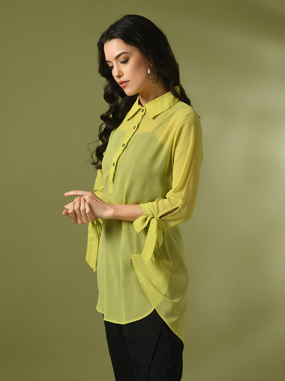 Women's  Yellow Solid Georgette Longline Party Sheer Tunic