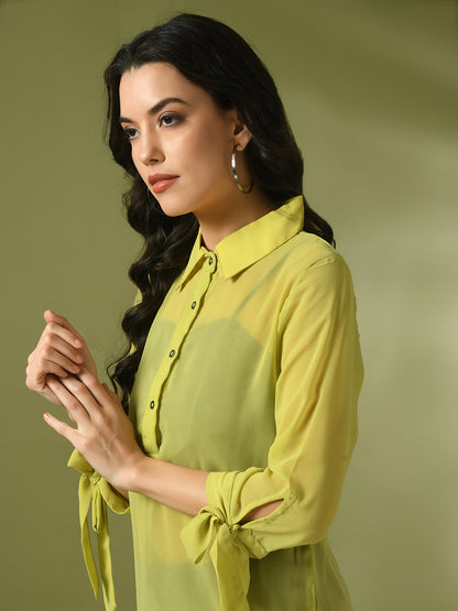 Women's  Yellow Solid Georgette Longline Party Sheer Tunic