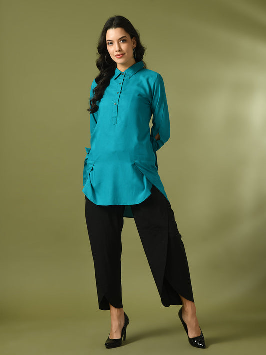 Women's  Turquoise Blue Solid Cotton Longline Party Sheer Tunic