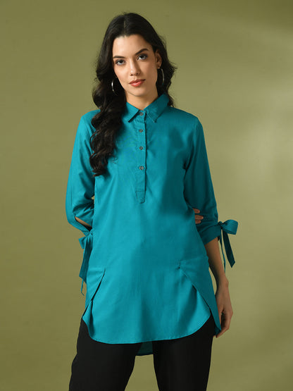 Women's  Turquoise Blue Solid Cotton Longline Party Sheer Tunic