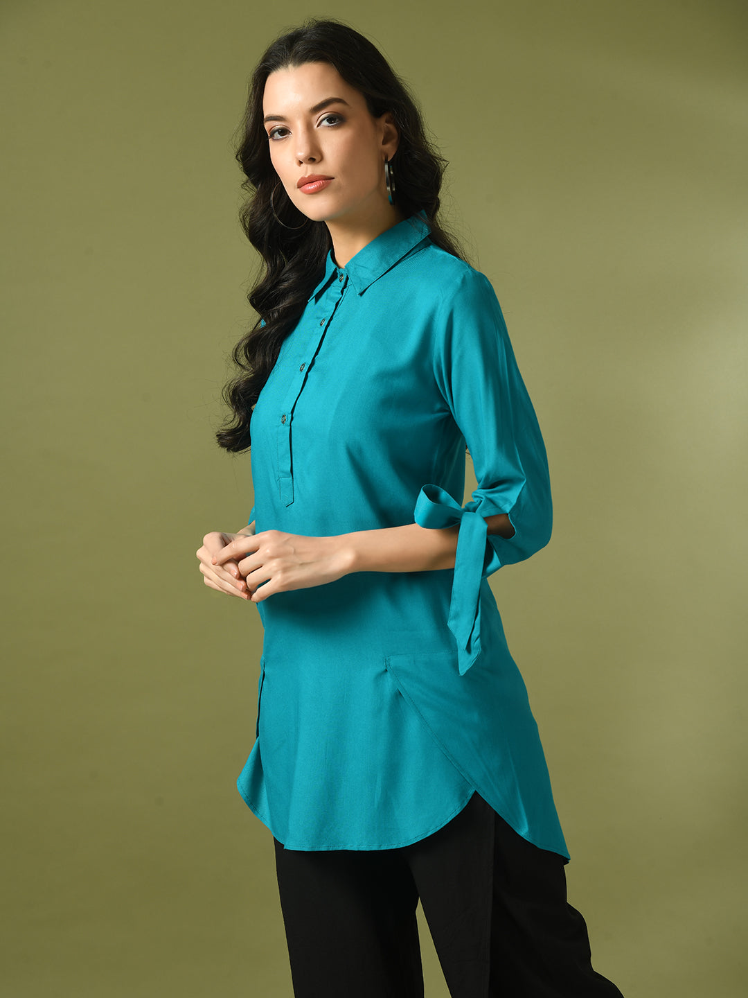 Women's  Turquoise Blue Solid Cotton Longline Party Sheer Tunic