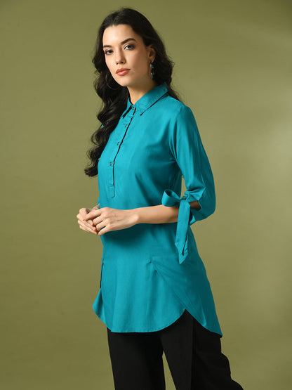 Women's  Turquoise Blue Solid Cotton Longline Party Sheer Tunic