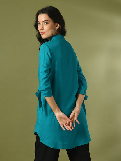 Women's  Turquoise Blue Solid Cotton Longline Party Sheer Tunic