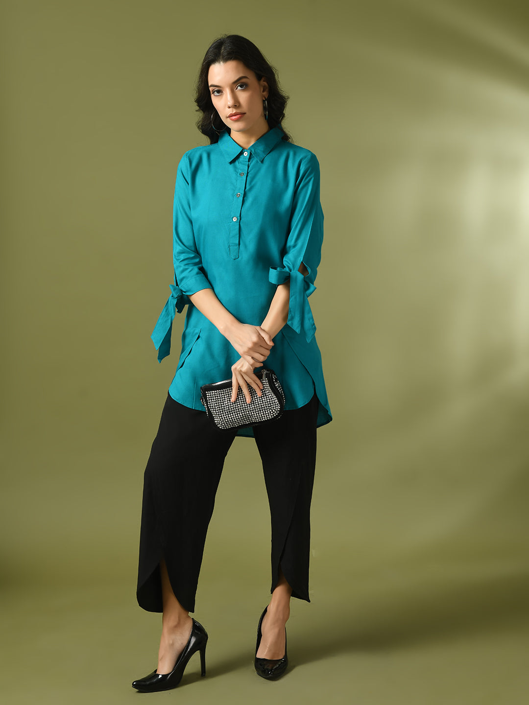 Women's  Turquoise Blue Solid Cotton Longline Party Sheer Tunic