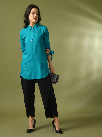 Women's  Turquoise Blue Solid Cotton Longline Party Sheer Tunic