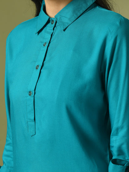 Women's  Turquoise Blue Solid Cotton Longline Party Sheer Tunic