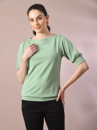 Women's  Sea Green Solid Boat Neck Party Top
