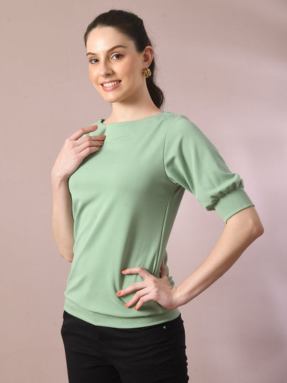 Women's  Sea Green Solid Boat Neck Party Top