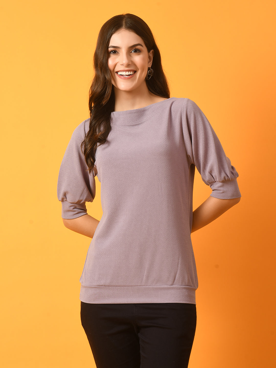 Women's  Lavender Solid Boat Neck Party Top