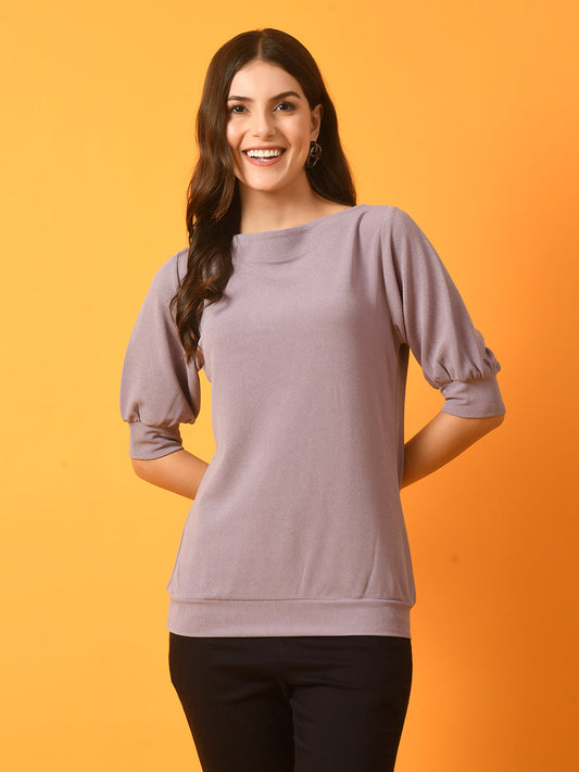 Women's  Lavender Solid Boat Neck Party Top