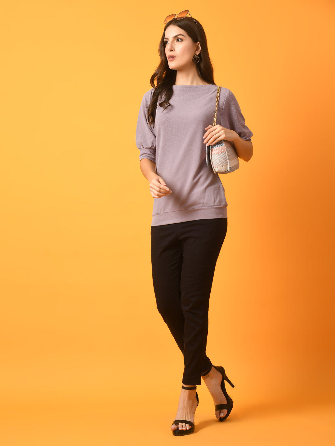 Women's  Lavender Solid Boat Neck Party Top