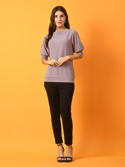 Women's  Lavender Solid Boat Neck Party Top