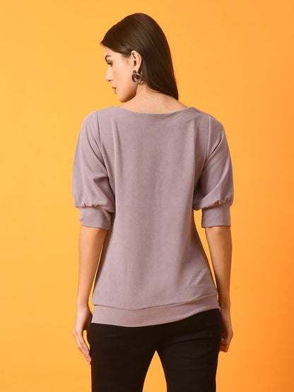 Women's  Lavender Solid Boat Neck Party Top