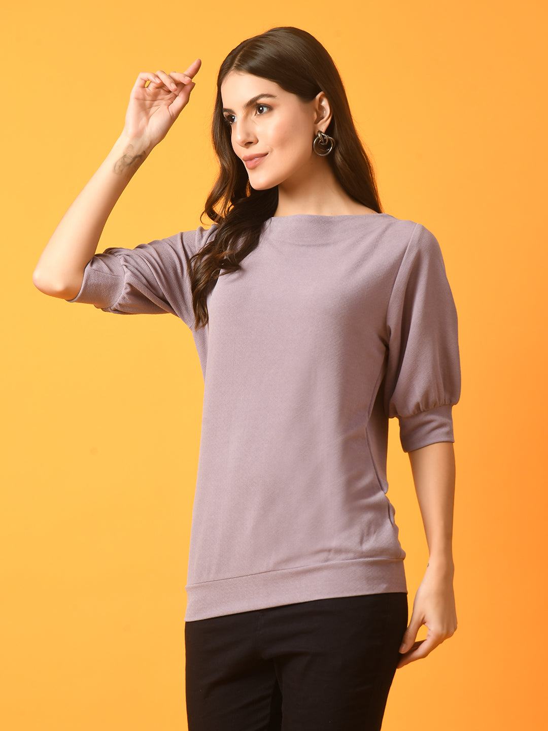 Women's  Lavender Solid Boat Neck Party Top