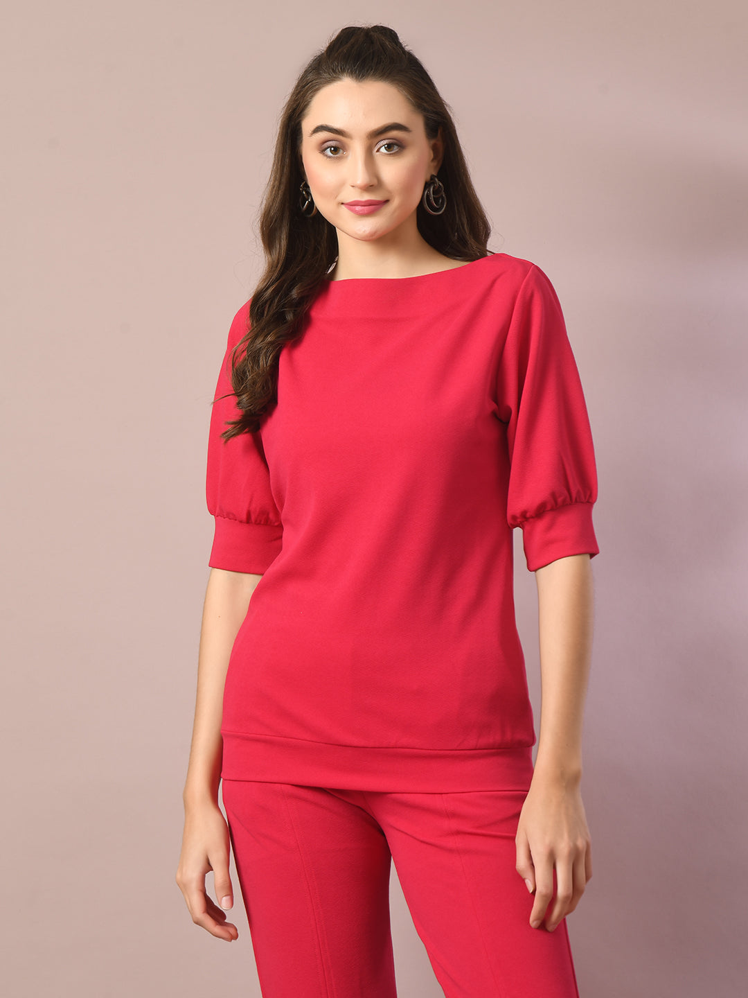 Women's  Pink Solid Boat Neck Party Top