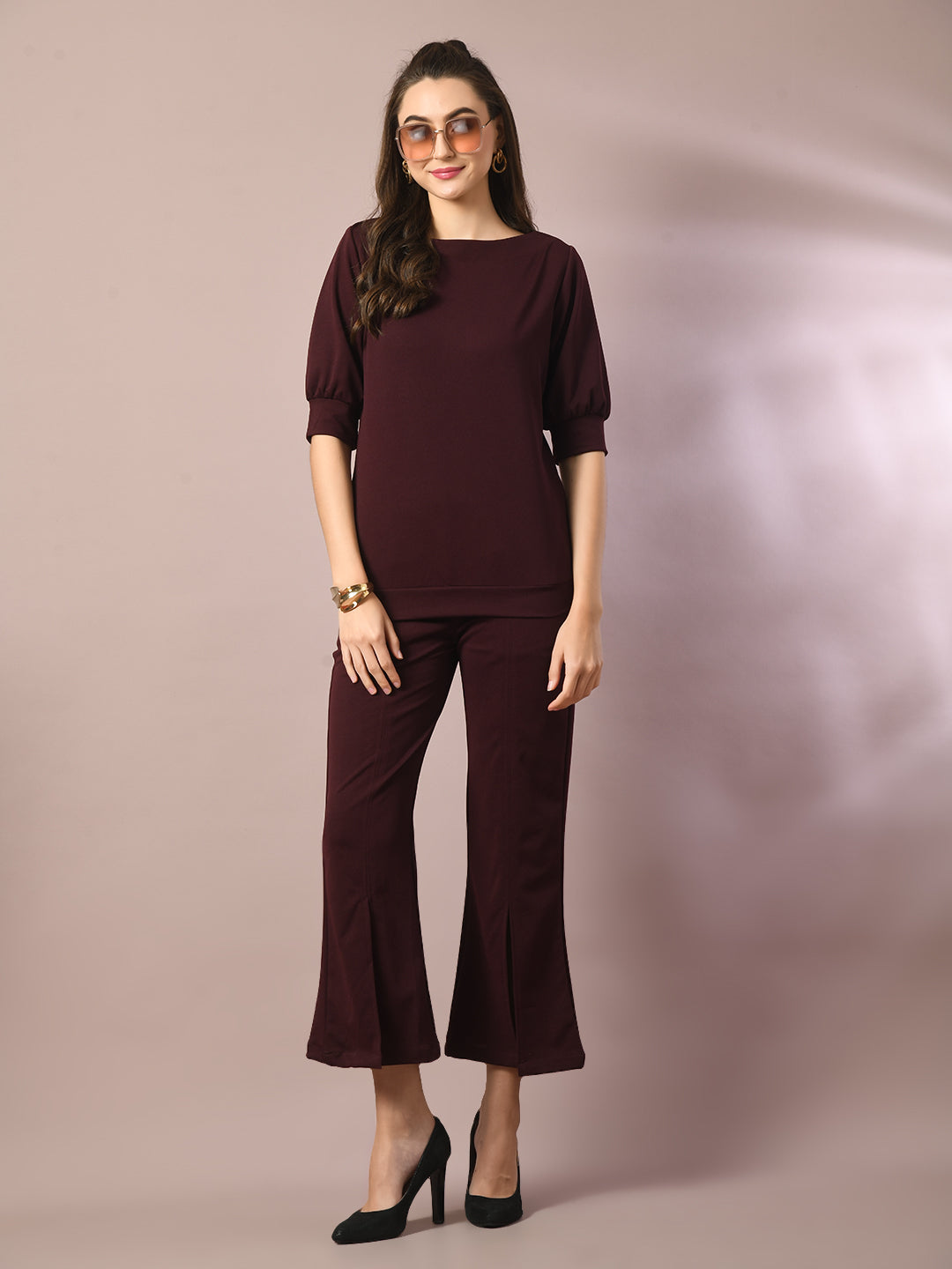 Women's  Coffee Brown Solid Boat Neck Party Top